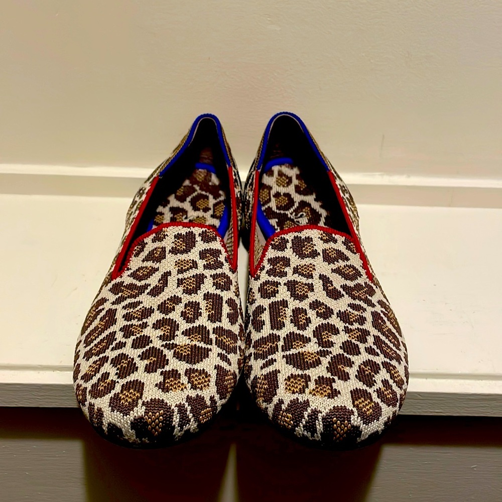 Rothy's Leopard Print Slip-On Flats with Red and Blue Trim